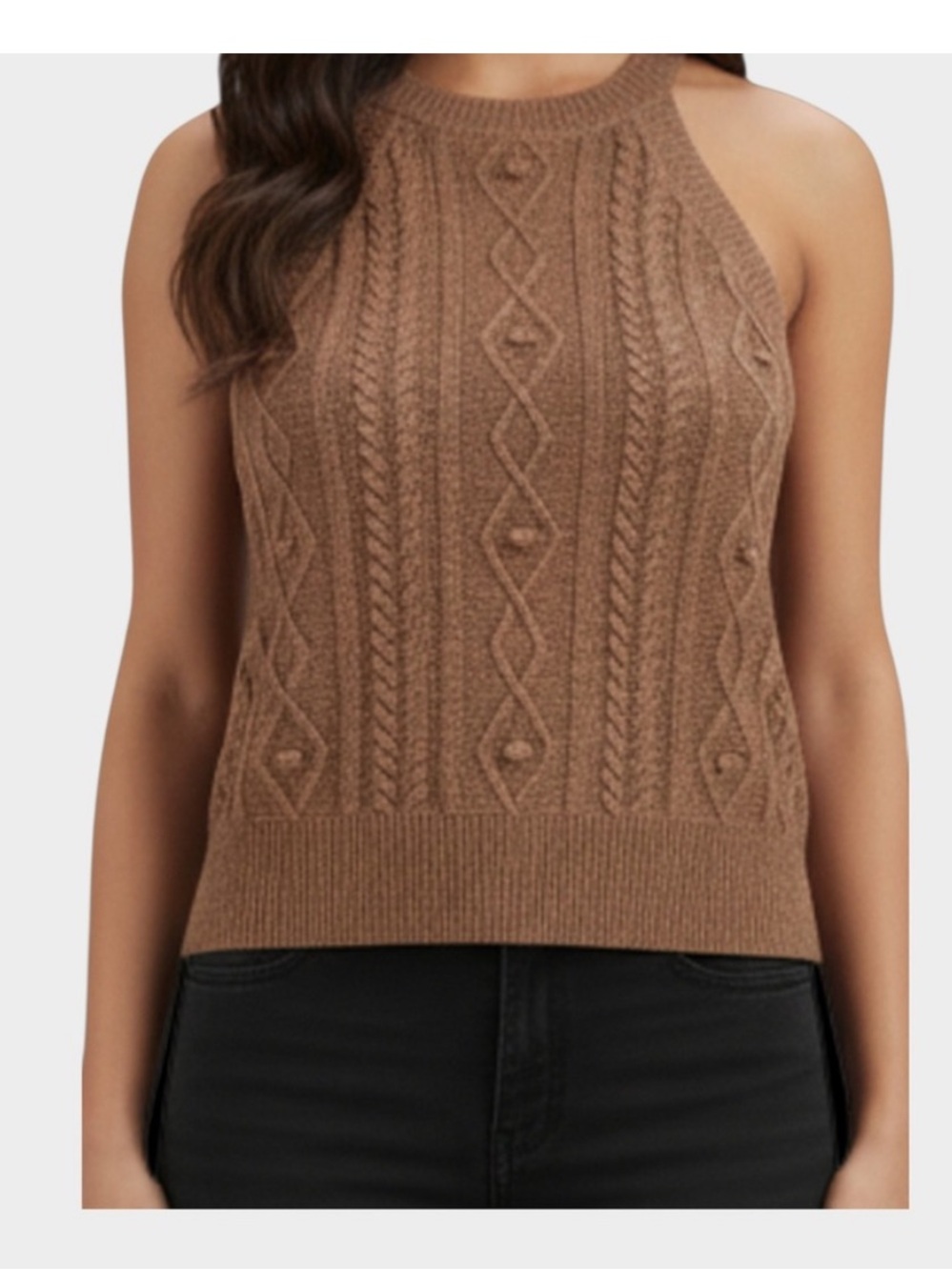 E&M Brown Cable Knit Halter Top Sleeveless Sweater Womens Sz L Lightweight SofT